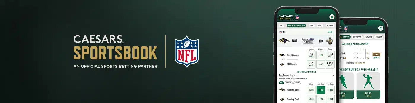 Caesars Sportsbook logo and 'An Official Sports Betting Partner' text are displayed on the left. On the right, a smartphone shows the Caesars Sportsbook app interface with NFL betting options, including a parlay builder, and an NFL logo.