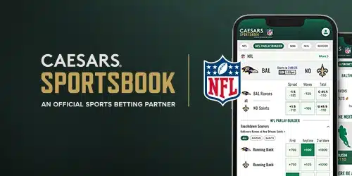 Caesars Sportsbook logo and 'An Official Sports Betting Partner' text are displayed on the left. On the right, a smartphone shows the Caesars Sportsbook app interface with NFL betting options, including a parlay builder, and an NFL logo