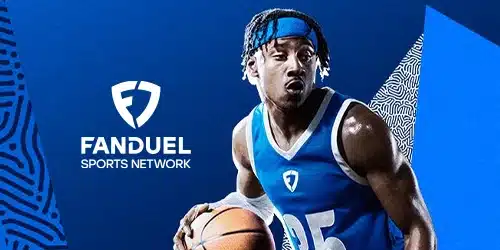 FanDuel Sports Network logo on a dark blue background with abstract white patterns. A basketball player in a blue jersey and headband is shown dribbling a basketball, looking intensely towards the side.