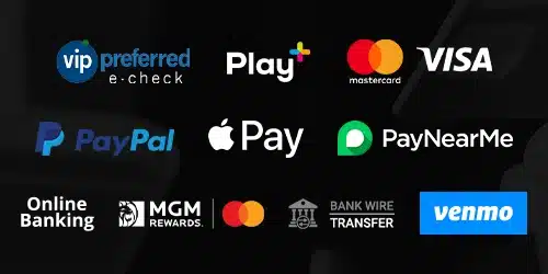 BetMGM banking options banner for WestVirginiaBettingHub with the logos of VIP Preferred, PlatPlus, MasterCard, VISA, PayPal, Apple Pay, PayNearMe, Online Banking, MGM Rewards, Wire Transfer, and Venmo