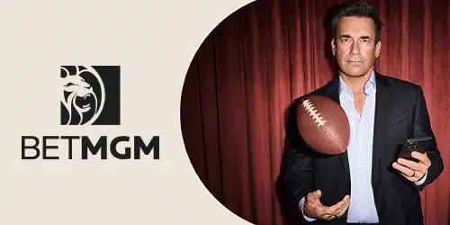 BetMGM main banner for WestVirginiaBettingHub with Jon Hamm holding a mobile phone and flipping an NFL ball