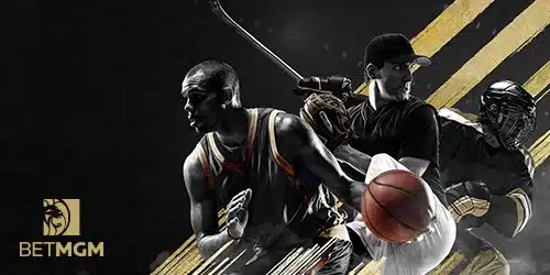 BetMGM sports market banner for westVirginiaBettingBub with a basketball player, a baseball pitcher and a hockey player