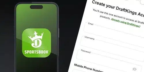 DraftKings sign-up banner for WestVirginiaBettingHub with a sigh up screen of the DraftKings mobile app