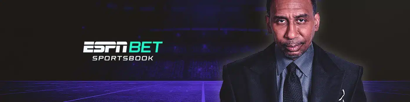 ESPN Sportsbook desktop banner showing man in suit against a black and purple background