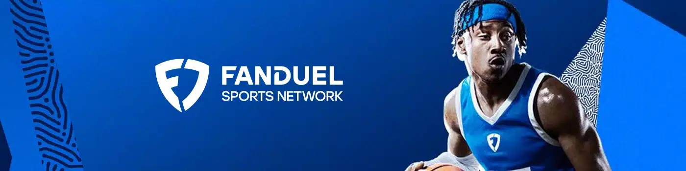 FanDuel Sports Network logo on a dark blue background with abstract white patterns. A basketball player in a blue jersey and headband is shown dribbling a basketball.