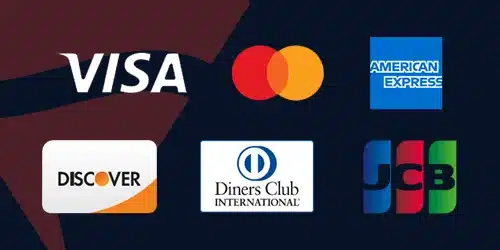 Fanatics banking options banner with logos of VISA, mastercard, AMerican Express, DISCOVER, Diners Club, and JCB