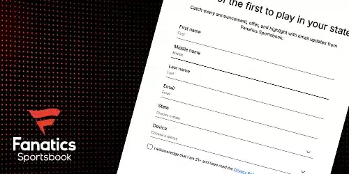 Fanatics registration banner with a screen of the sign up page of the Fanatics app/website